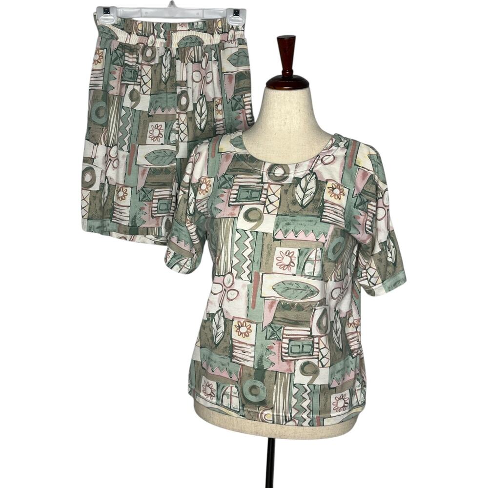 Vintage 90s Matching Set Women's M Shorts Top Geometric Abstract Stretch Waist